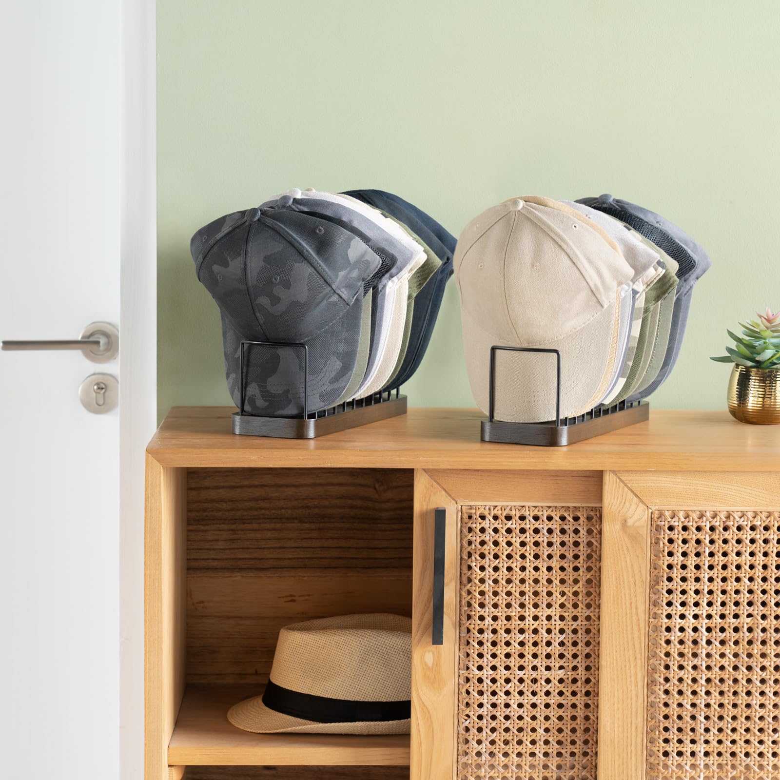 Mkono baseball cap rack with wood base and metal frame protects hat shape