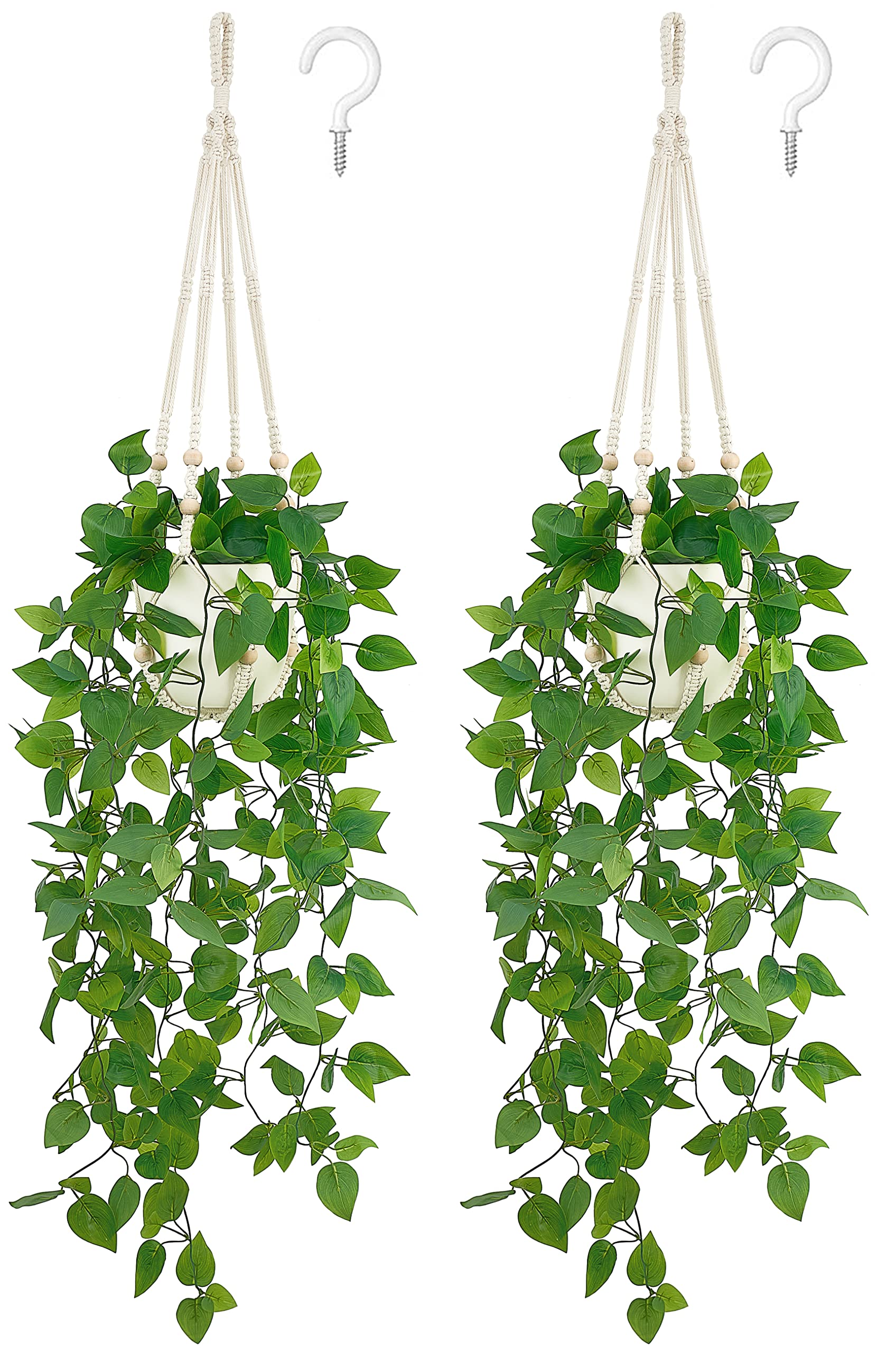 Mkono fake hanging plant with macrame hanger, two-pack pothos for stylish indoor decor.