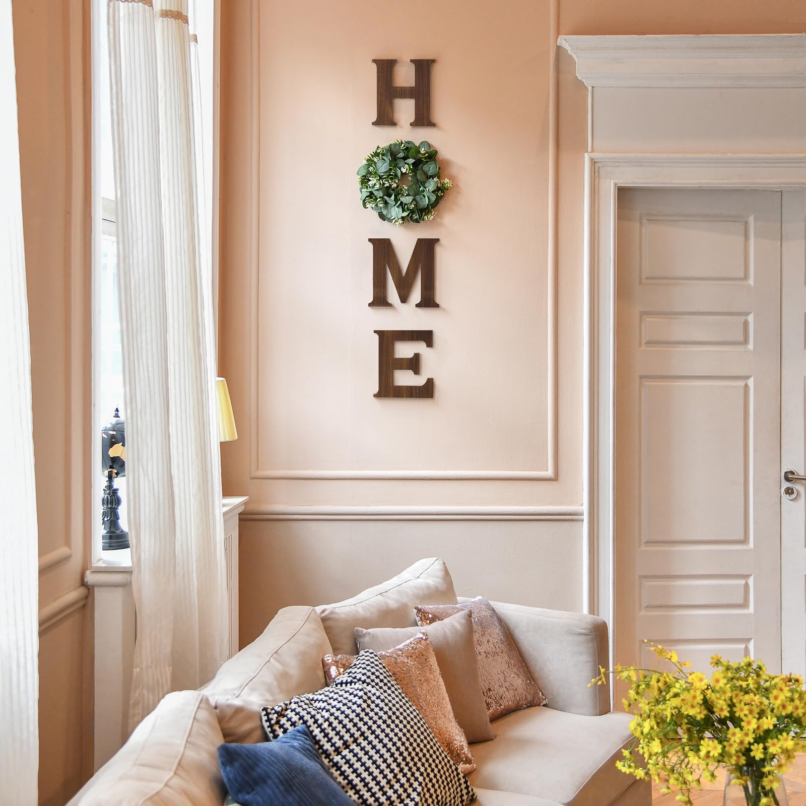 Mkono farmhouse sign O wreath with eucalyptus for entryway focal point
