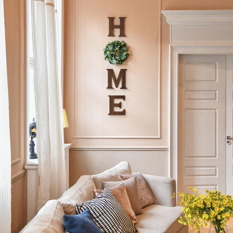 Mkono farmhouse sign O wreath with eucalyptus for entryway focal point