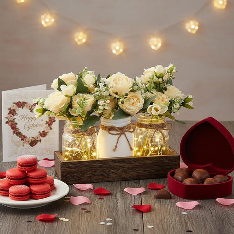Mkono faux flowers in mason jars provide subtle color and seasonal charm.