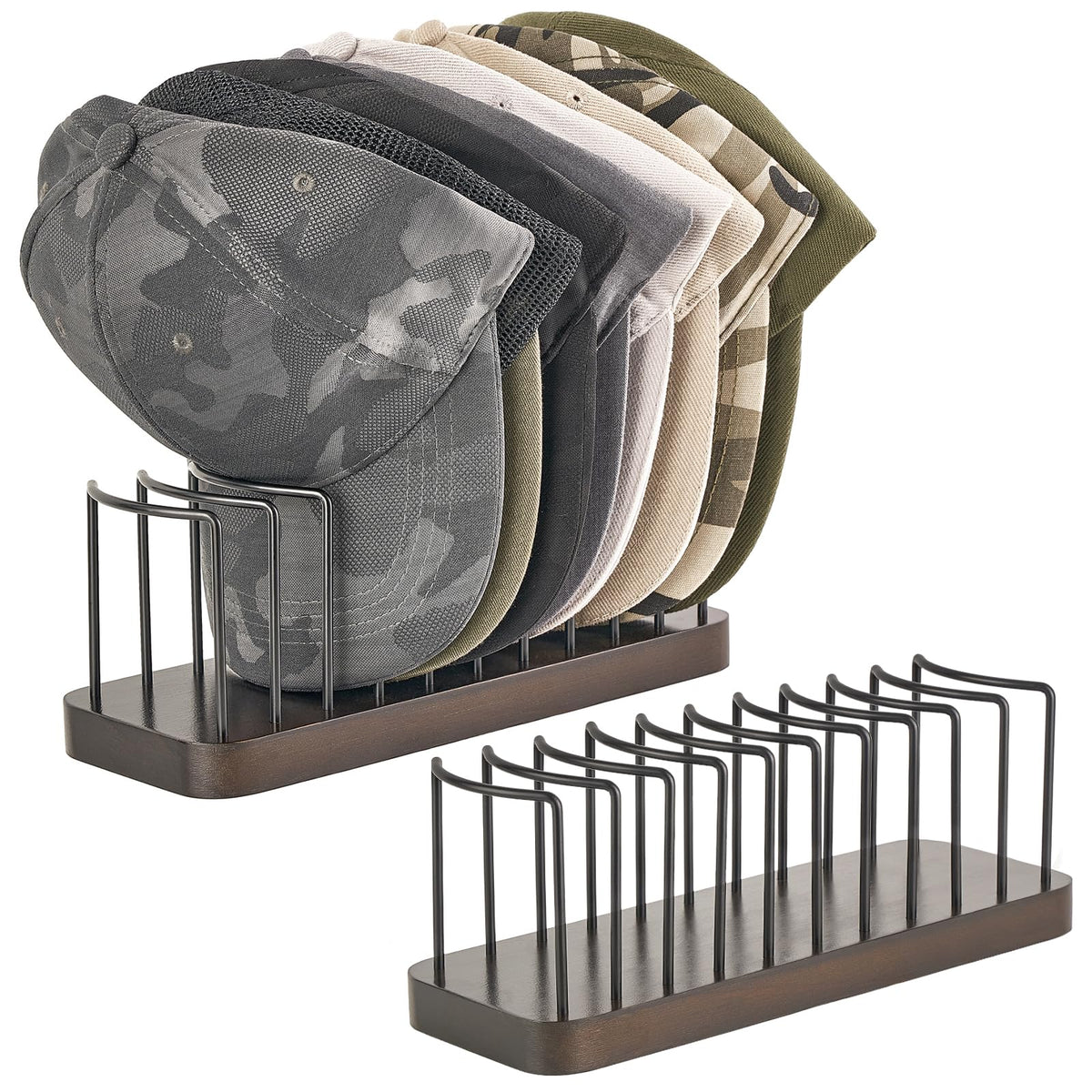 Mkono hat organizer two-pack on desktop displaying up to 20 caps for tidy storage