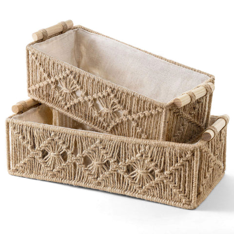Mkono macrame storage baskets brown in a bedroom for tidy storage solutions.