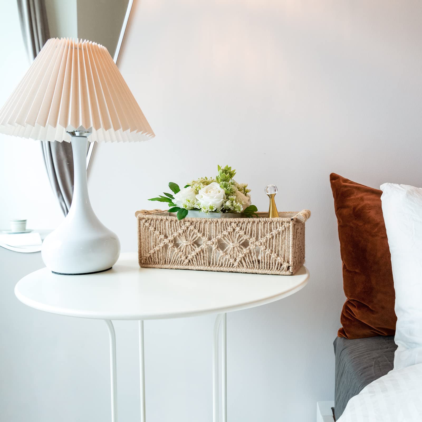 Mkono macrame storage baskets brown on dresser used to organize cosmetics and accessories.
