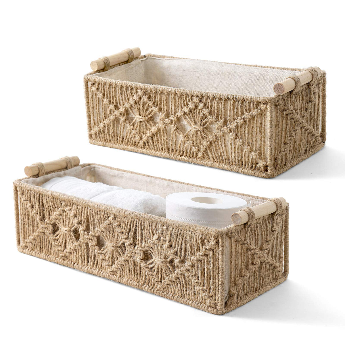 Mkono macrame storage baskets brown set 2 on bathroom shelf for stylish organization.