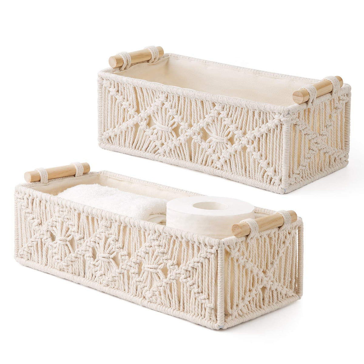 Mkono ivory macrame baskets pair for stylish bathroom organization