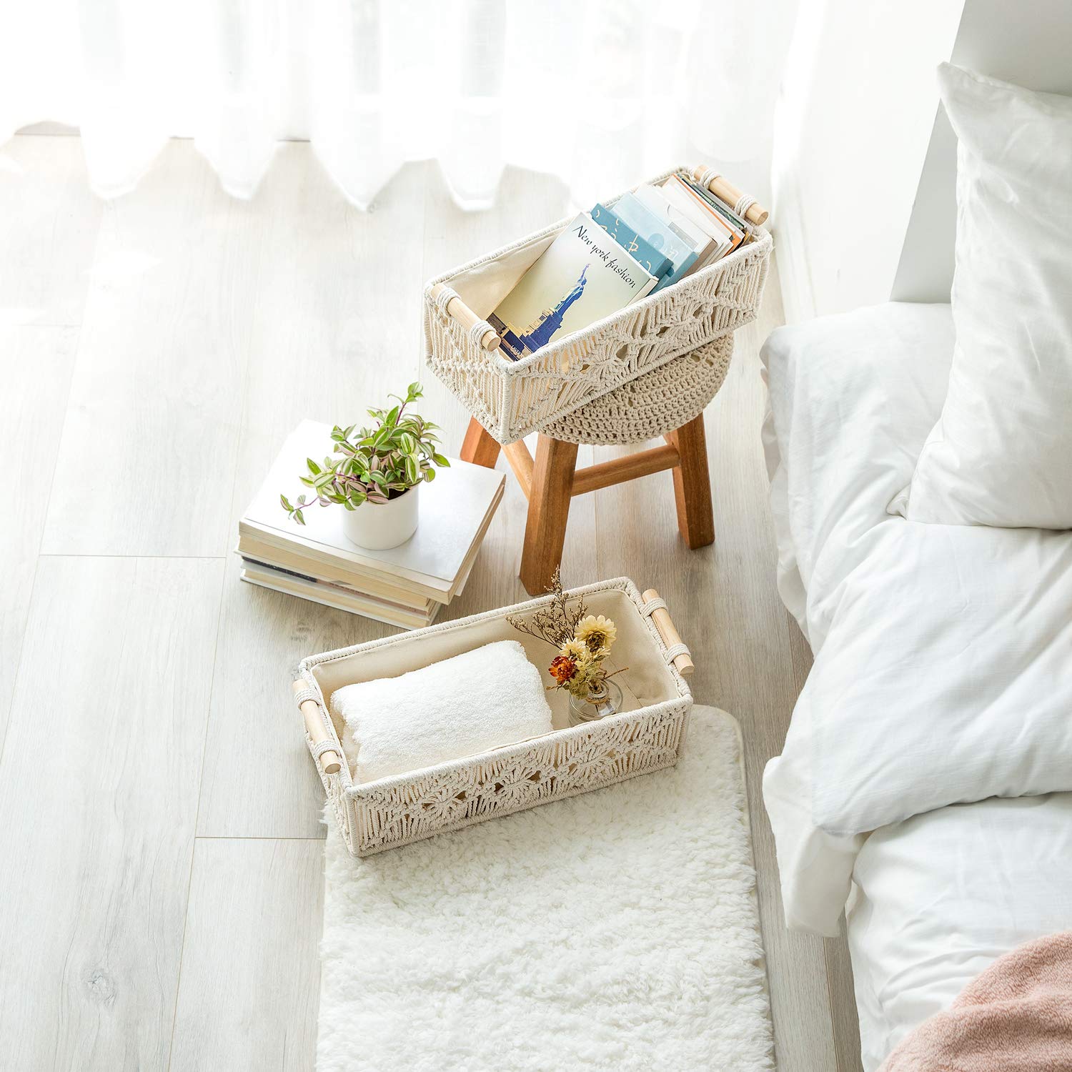 Mkono macrame ivory baskets on toilet tank shelf for easy access