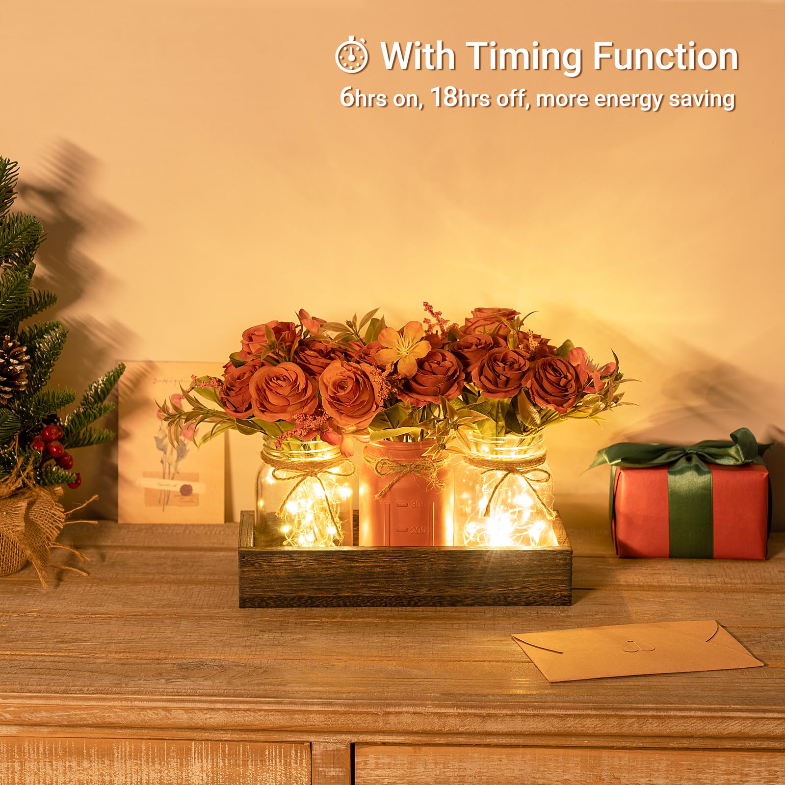 Mkono three jars with flowers illuminated softly for cozy living room decor