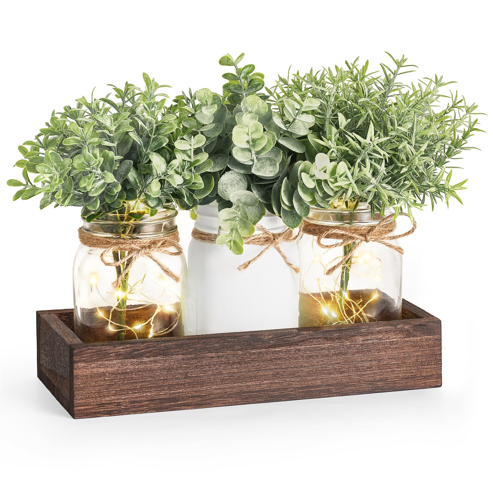 Mkono Mason Jar Lights Centerpiece with faux eucalyptus for dining room ambiance