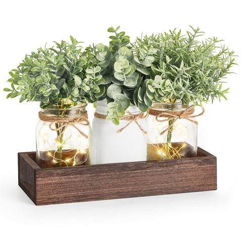 Mkono Mason Jar Lights Centerpiece with faux eucalyptus for dining room ambiance