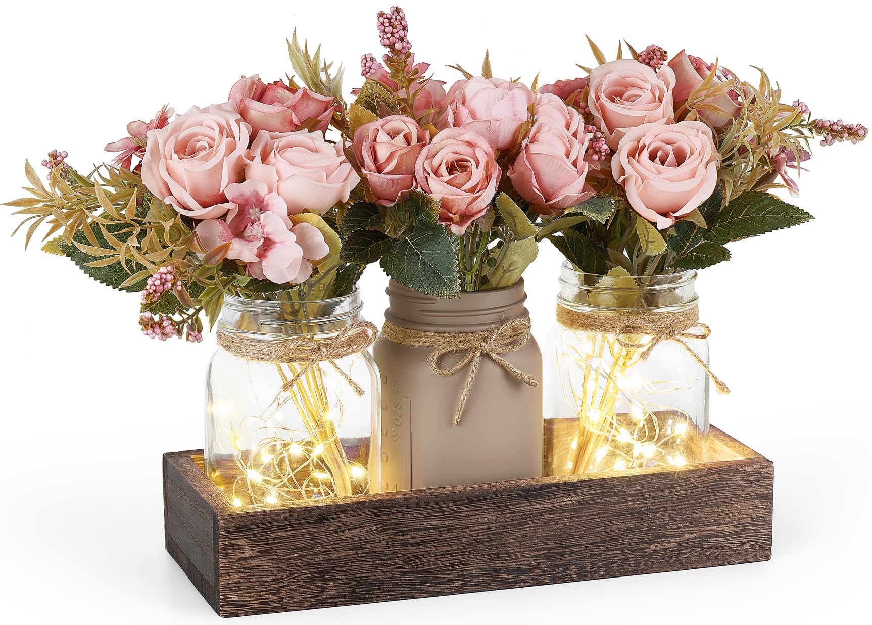 Mkono Mason Jar Lights centerpiece on a wooden tray adds warm rustic ambiance