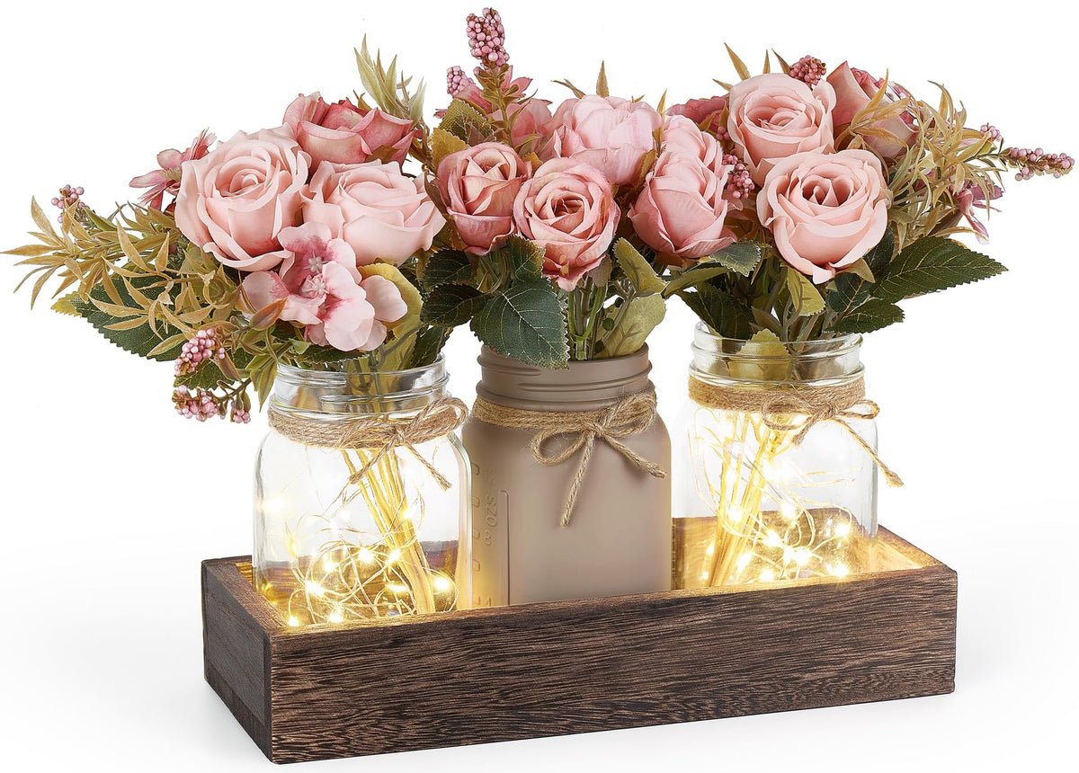 Mkono Mason Jar Lights centerpiece on a wooden tray adds warm rustic ambiance