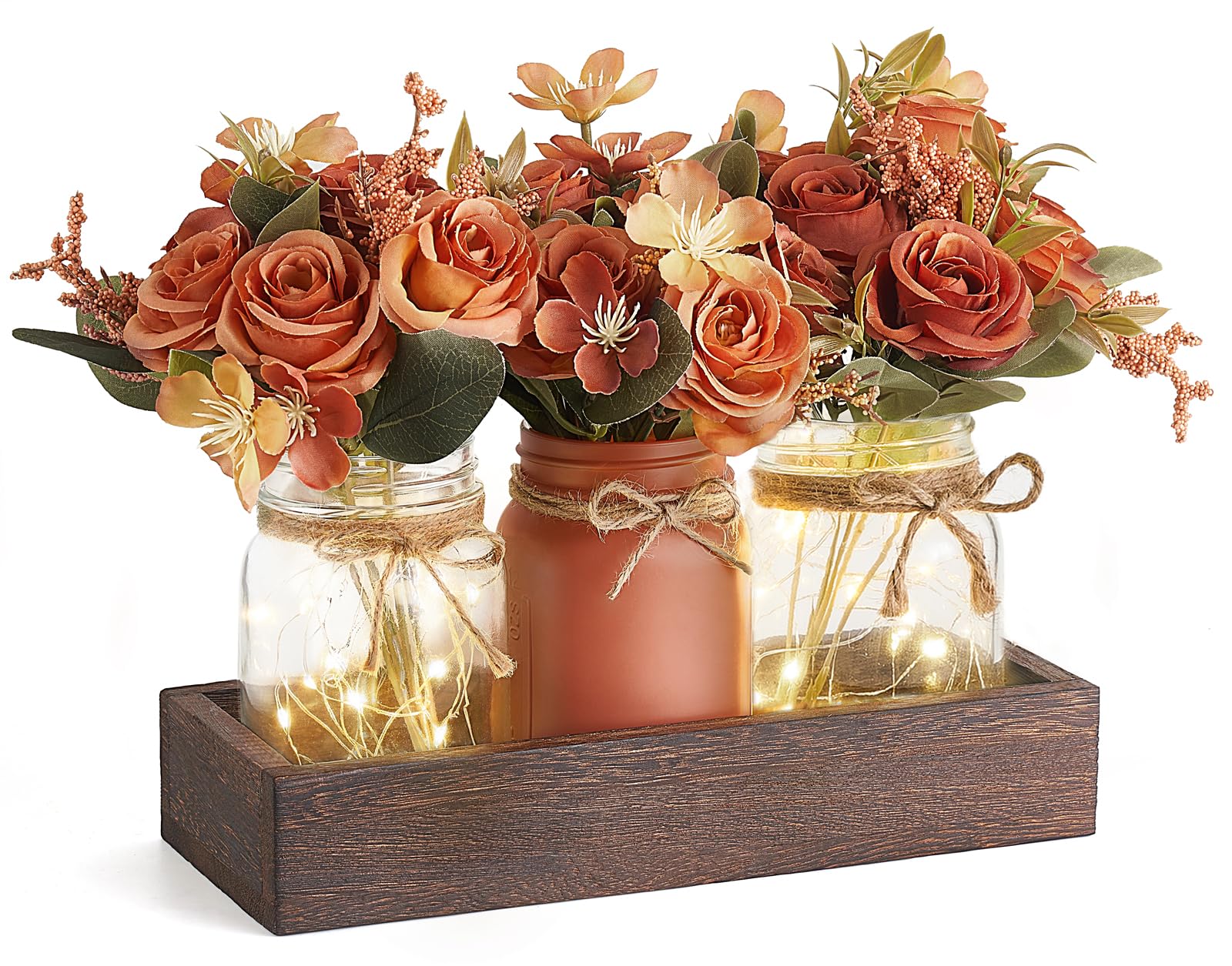 Mkono Mason Jar Lights Centerpiece on wood tray adding warm dining room ambiance