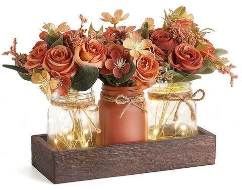Mkono Mason Jar Lights Centerpiece on wood tray adding warm dining room ambiance
