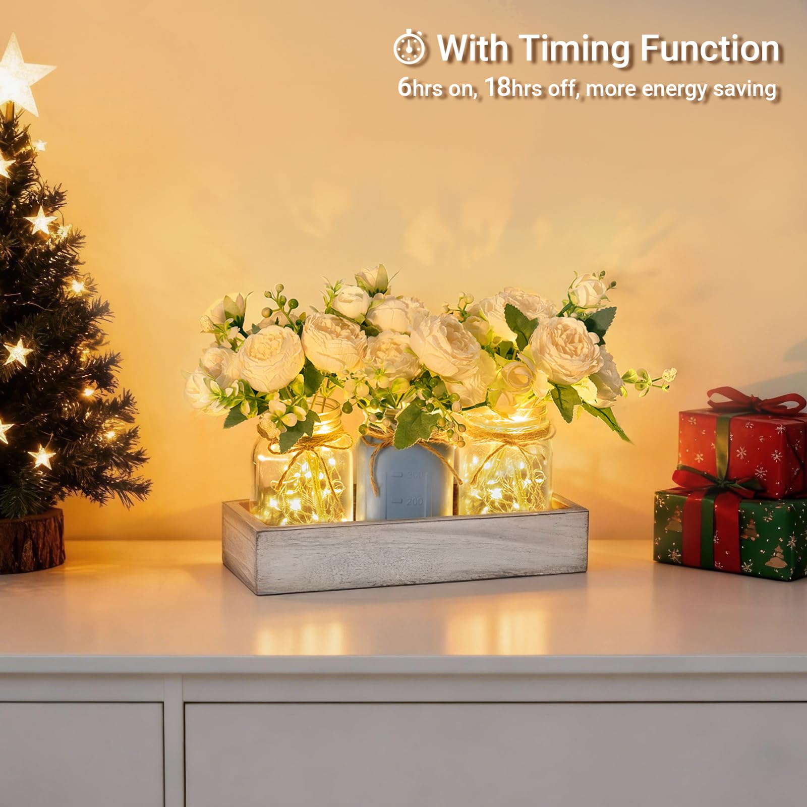 Mkono three jars centerpiece with grey-blue jars glowing softly