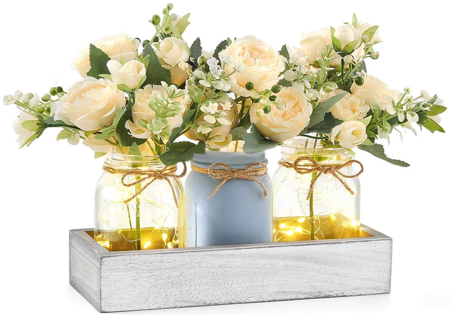 Mkono mason jar lights on wood box centerpiece with warm glow for cozy dining ambience