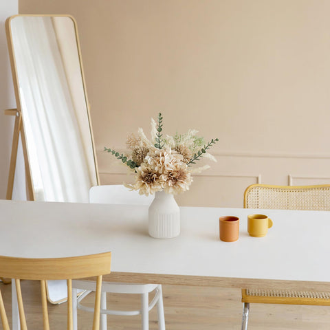 Mkono matte white ceramic vase with vertical stripe enhances decor