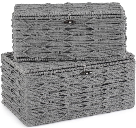 Mkono storage baskets with lid in rectangular grey wicker keep items organized and dust-free