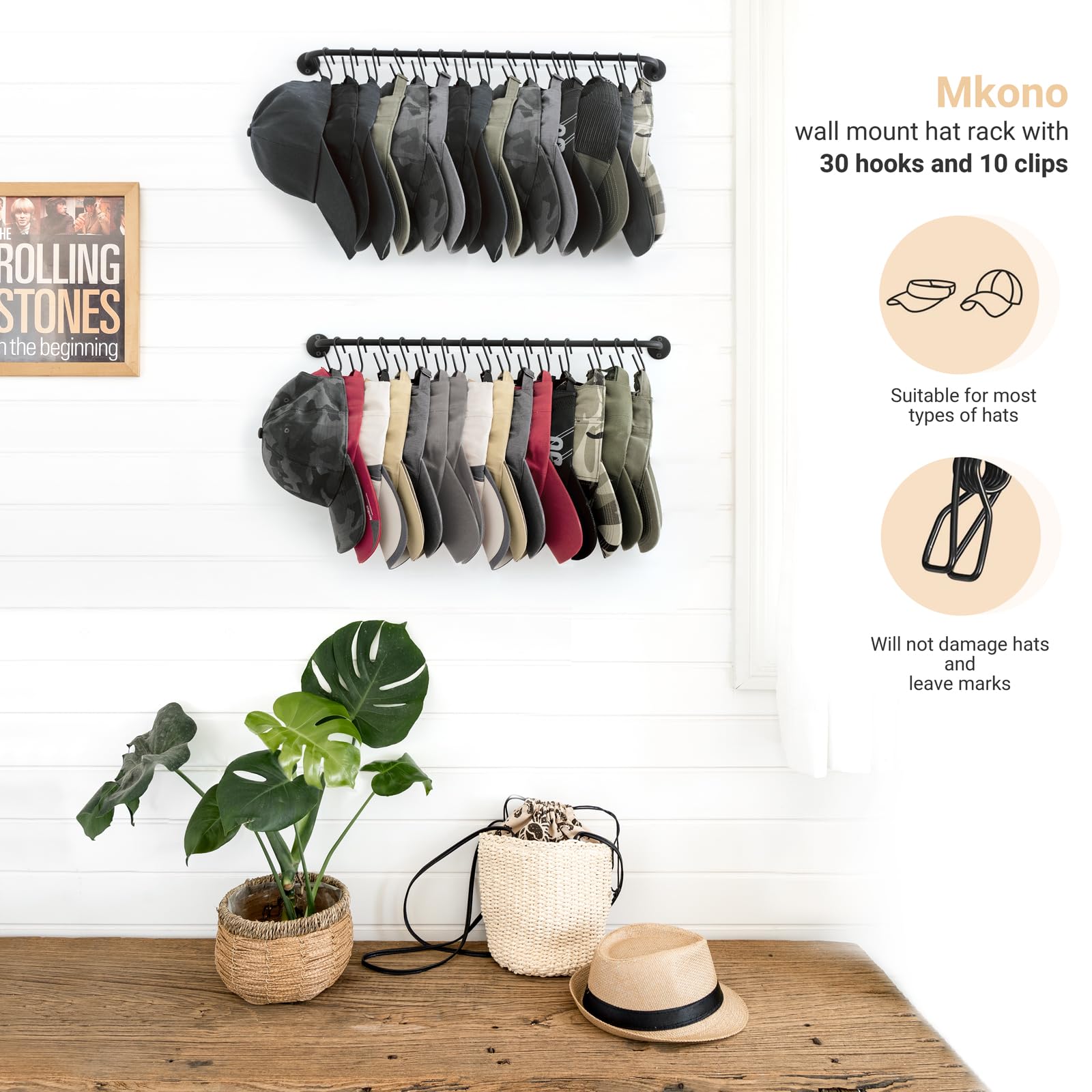 Mkono wall-mounted cap rack with adjustable width to fit space.