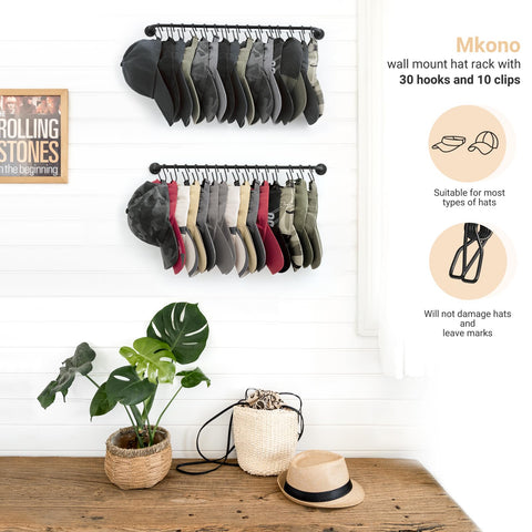 Mkono wall-mounted cap rack with adjustable width to fit space.