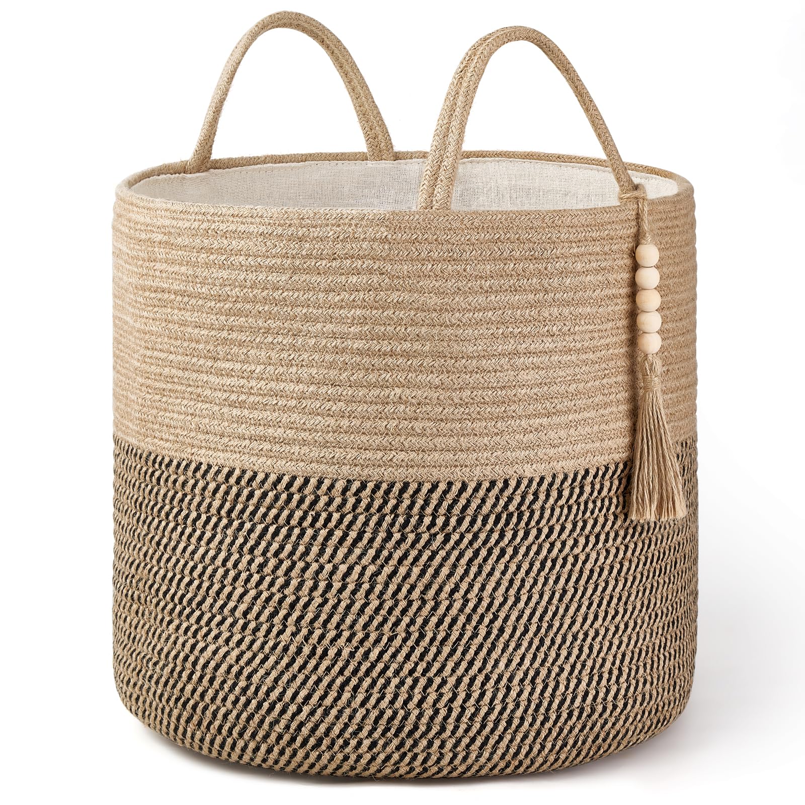 Mkono woven storage basket with tassel and handles in yellow and black for stylish living room organization