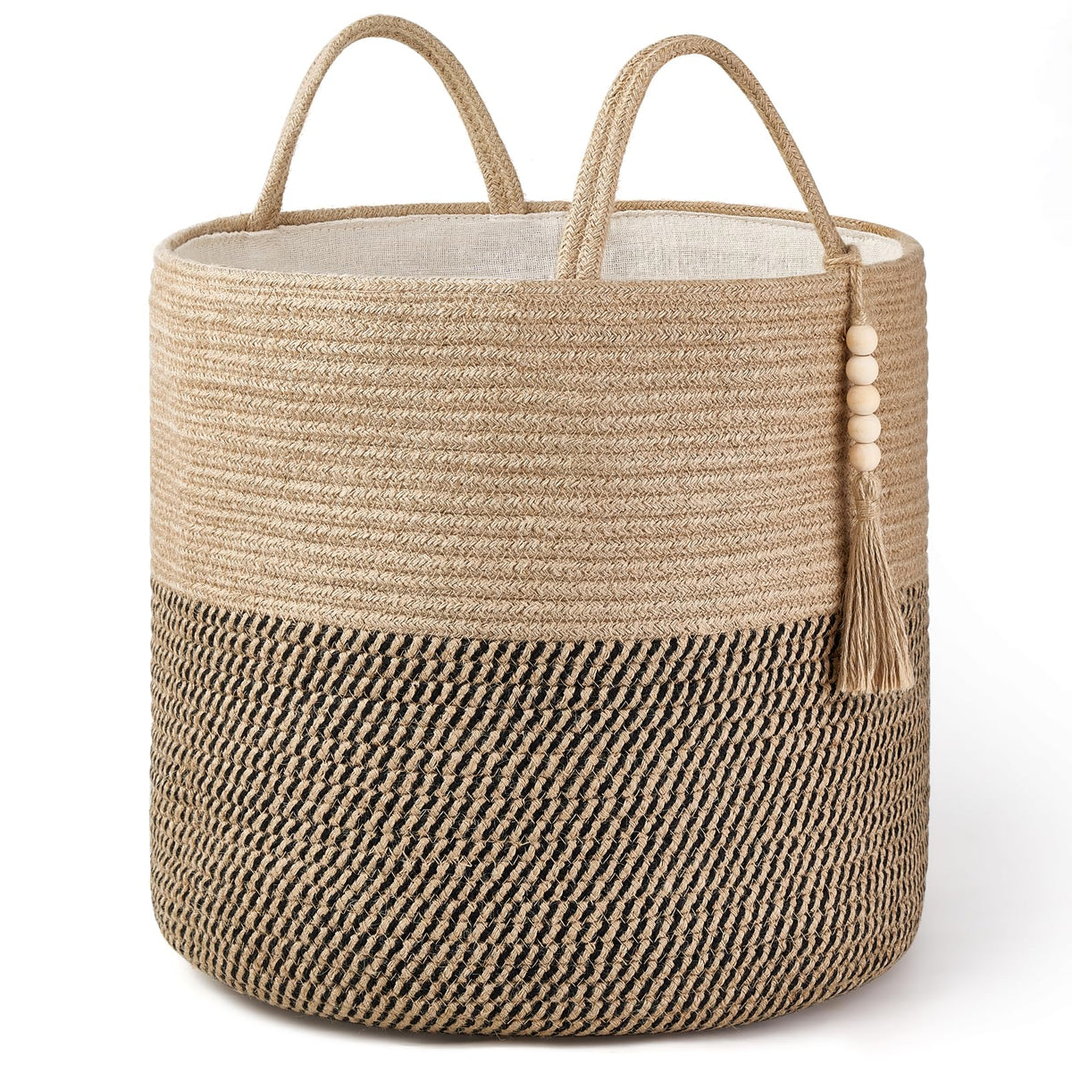 Mkono woven storage basket with tassel and handles in yellow and black for stylish living room organization