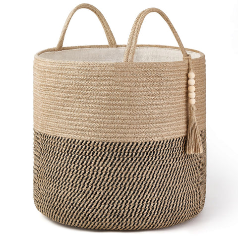 Mkono woven storage basket with tassel and handles in yellow and black for stylish living room organization