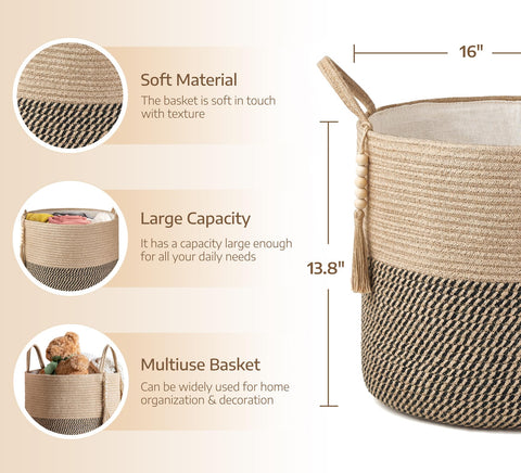 Mkono woven storage basket with tassel and wooden bead accents viewed from above