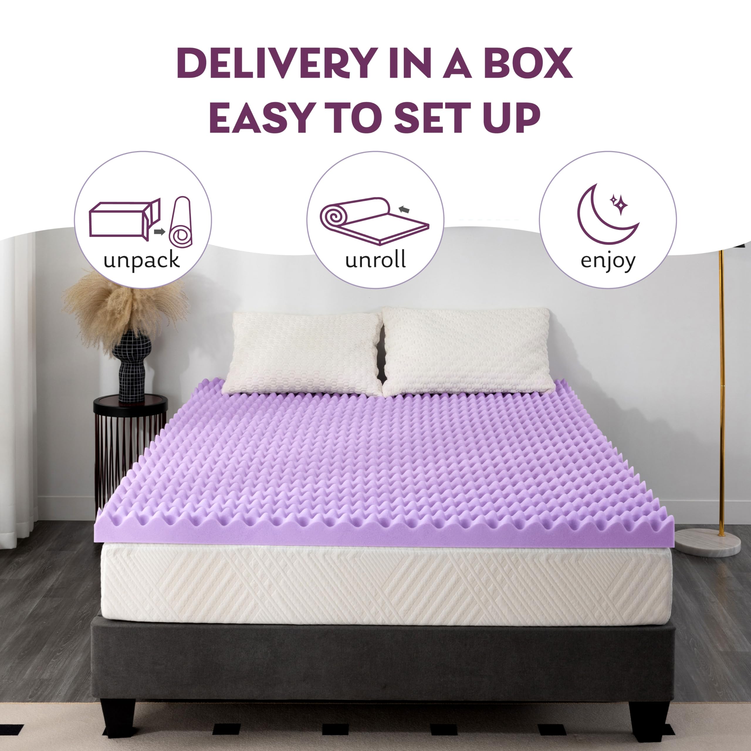 MLILY purple egg-crate topper adds plush texture and stable support.