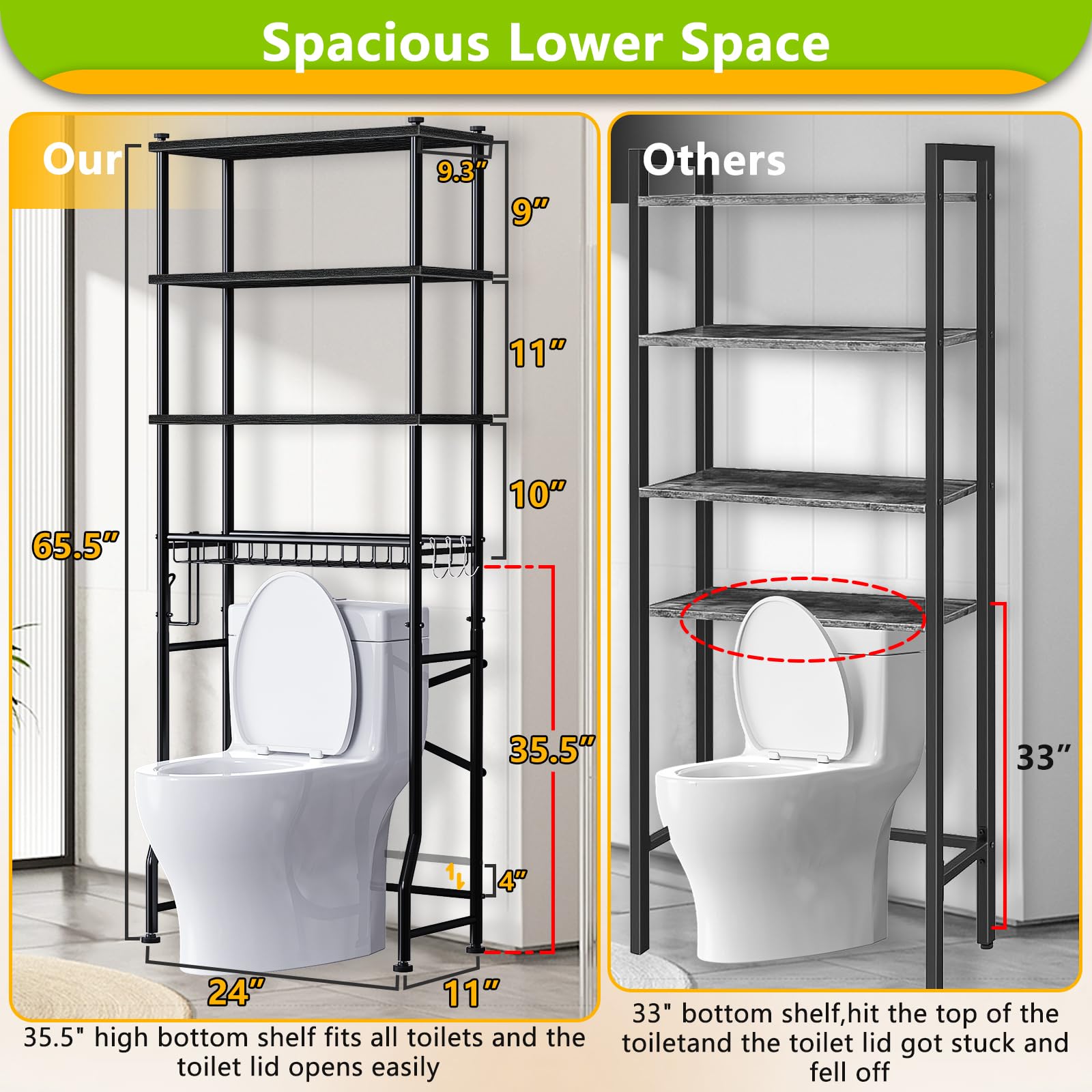 Mlinavn four-tier bathroom shelf demonstrating ample storage for bulkier items.