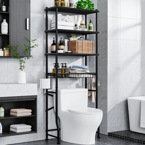 Mlinavn over-toilet storage rack in brown finish organizes towels and toiletries.