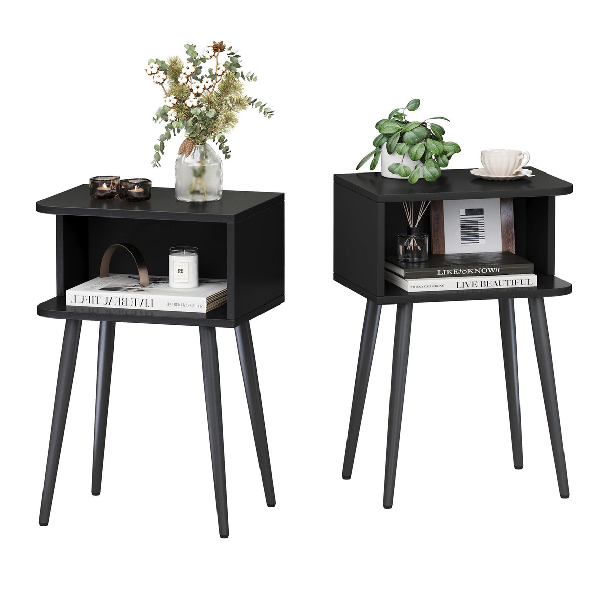 MMEOLUOOK black nightstand 2-pack front view shows space-saving two-tier storage ideal for small spaces