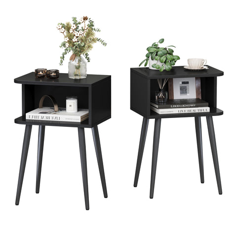 MMEOLUOOK black nightstand 2-pack front view shows space-saving two-tier storage ideal for small spaces