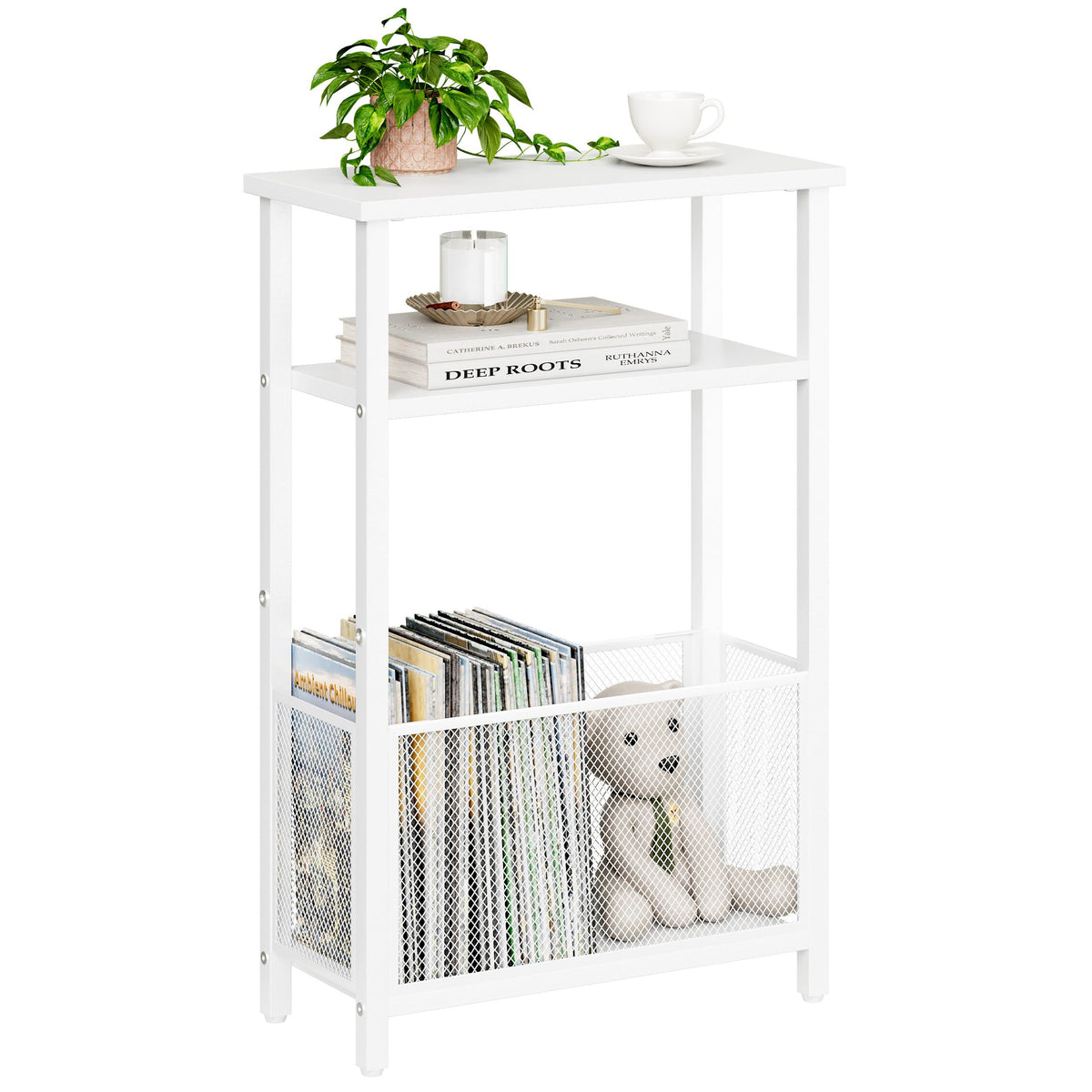 MMEOLUOOK narrow side table with storage basket keeps magazines neatly organized.