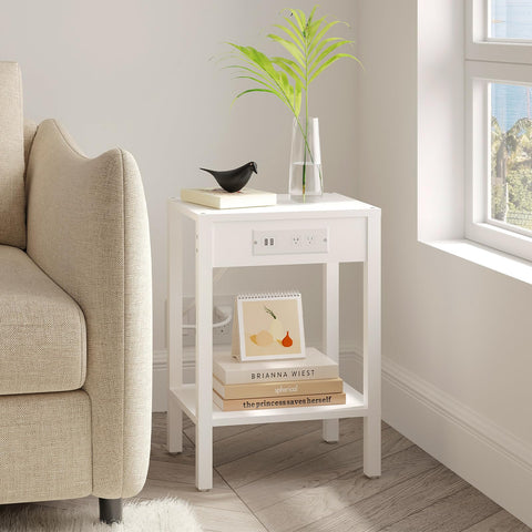 MMEOLUOOK two-tier nightstand offers storage shelf for clutter-free living room.