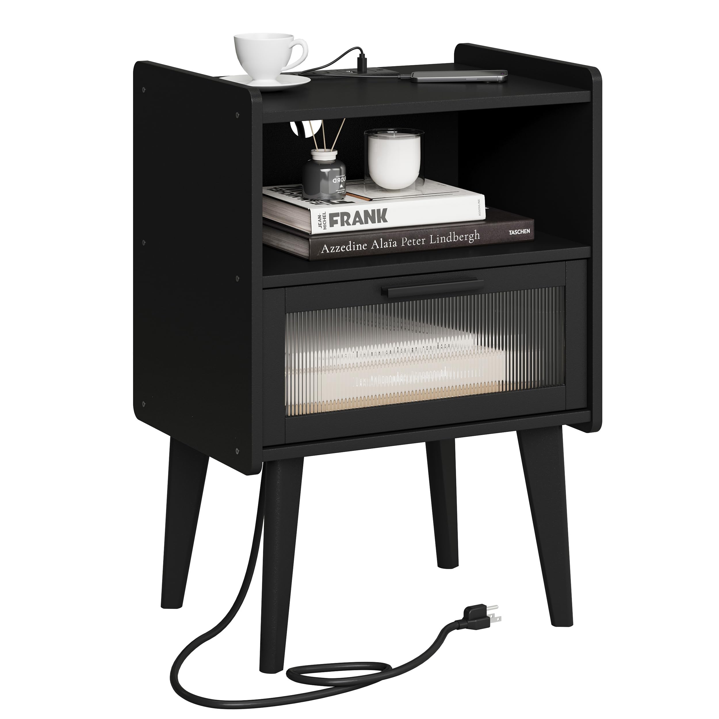 MMEOLUOOK nightstand with charging station front view for bedside charging