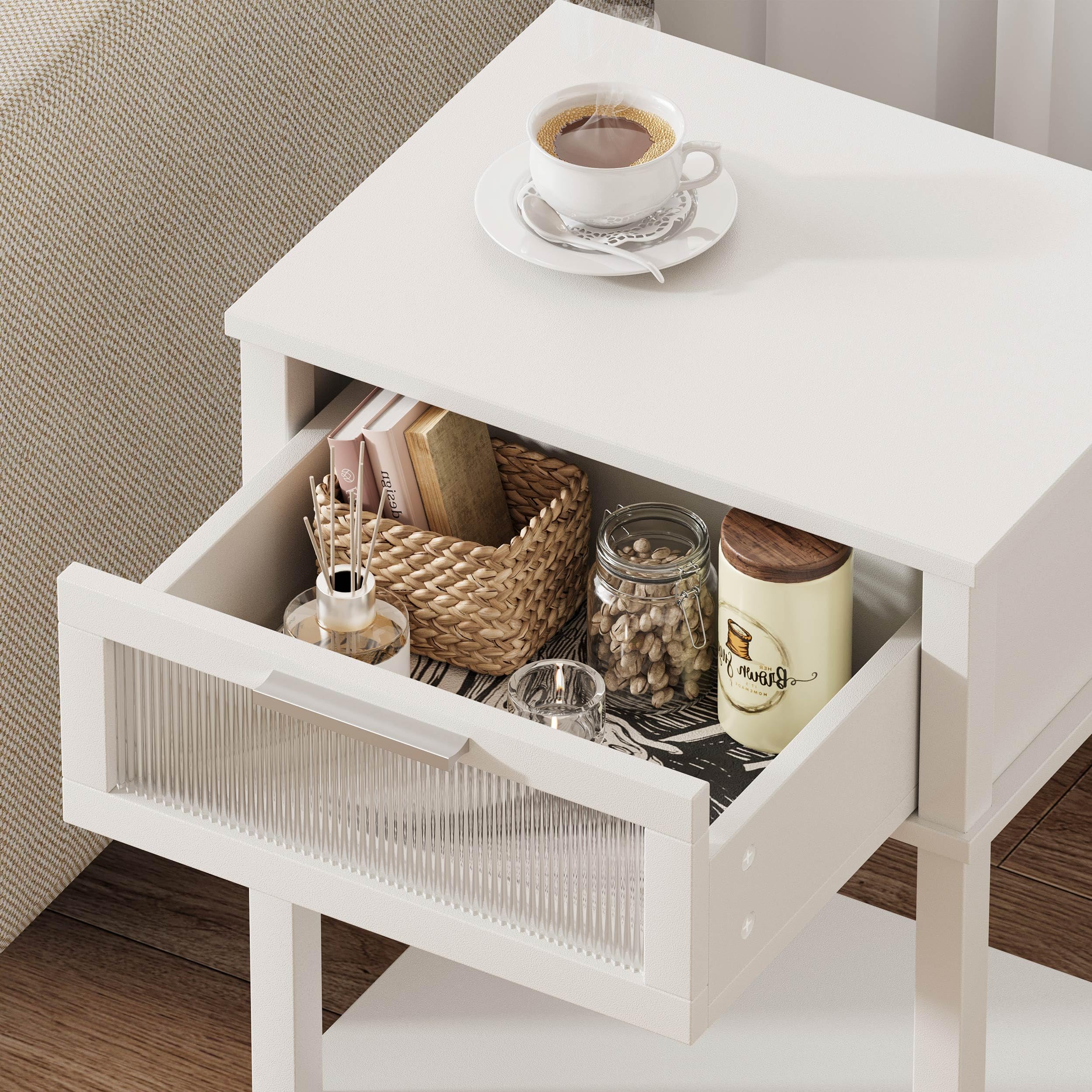 MMEOLUOOK nightstand used in bedroom and living room setups