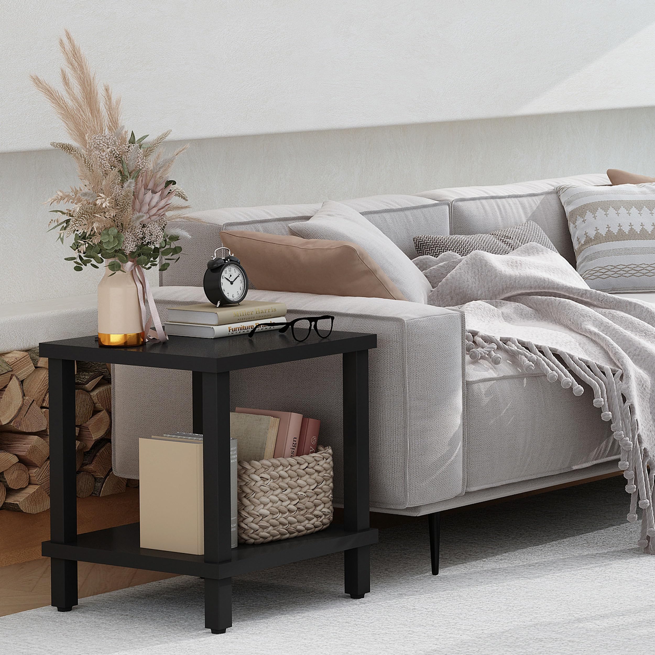 MMEOLUOOK two-tier storage end table open shelves for books and remotes.