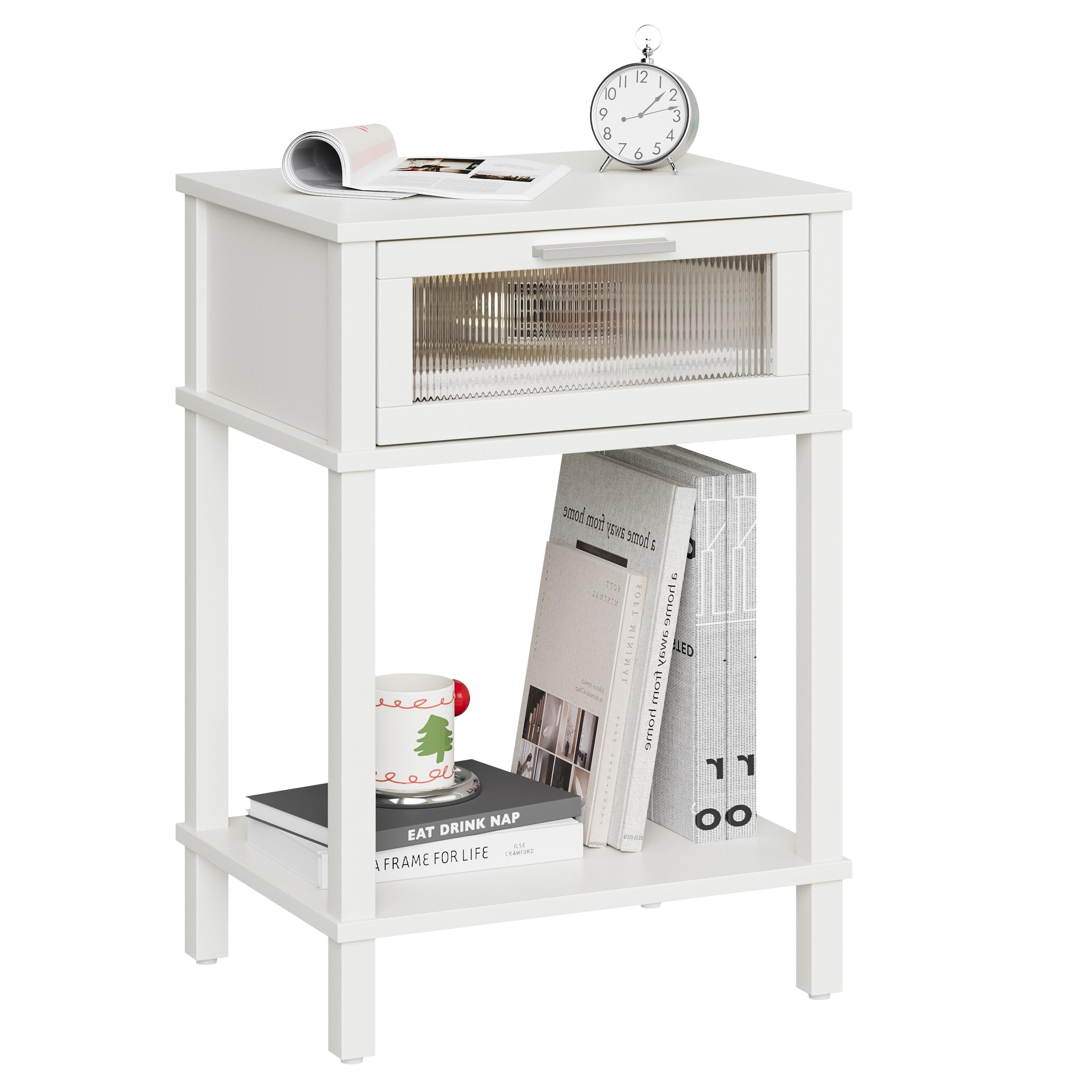 MMEOLUOOK nightstand with drawer in white finish beside bed