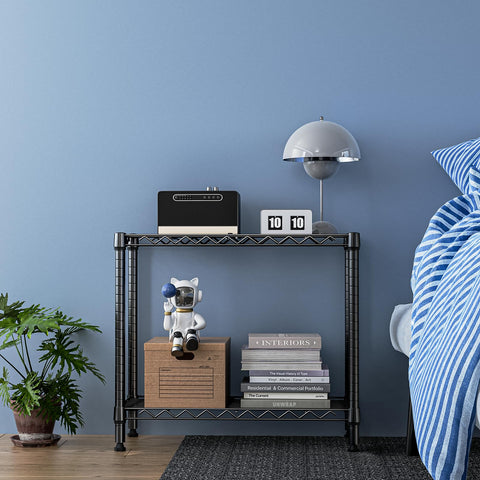 M MZG 2-tier storage rack side view showing slim footprint for corners