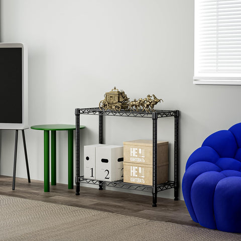M MZG 2-tier storage rack wire shelves close-up showing durable grid