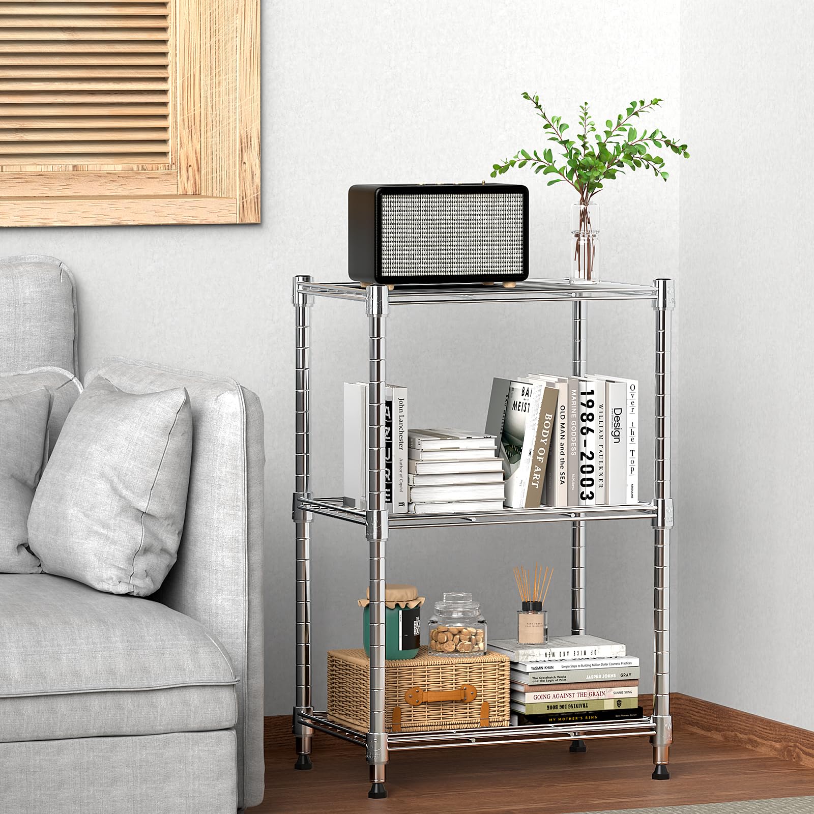 MMZG 3-tier chrome shelves close-up highlighting durable steel construction