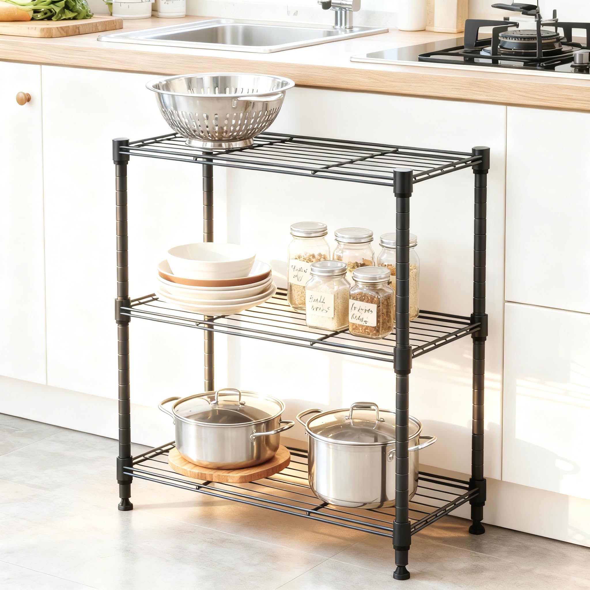 MMZG kitchen pantry shelving on a compact three-tier rack
