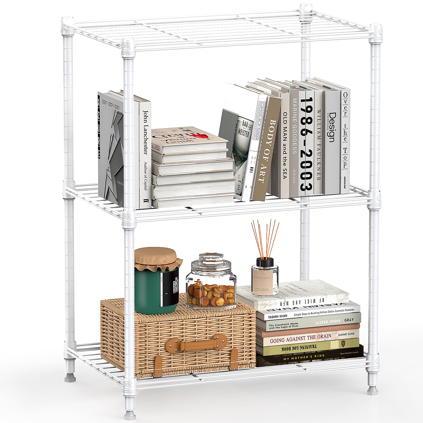 MMZG 3-tier wire shelving unit in a bright kitchen for organized storage.