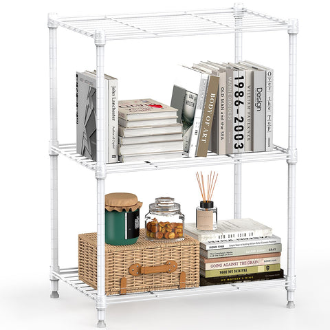 MMZG 3-tier wire shelving unit in a bright kitchen for organized storage.