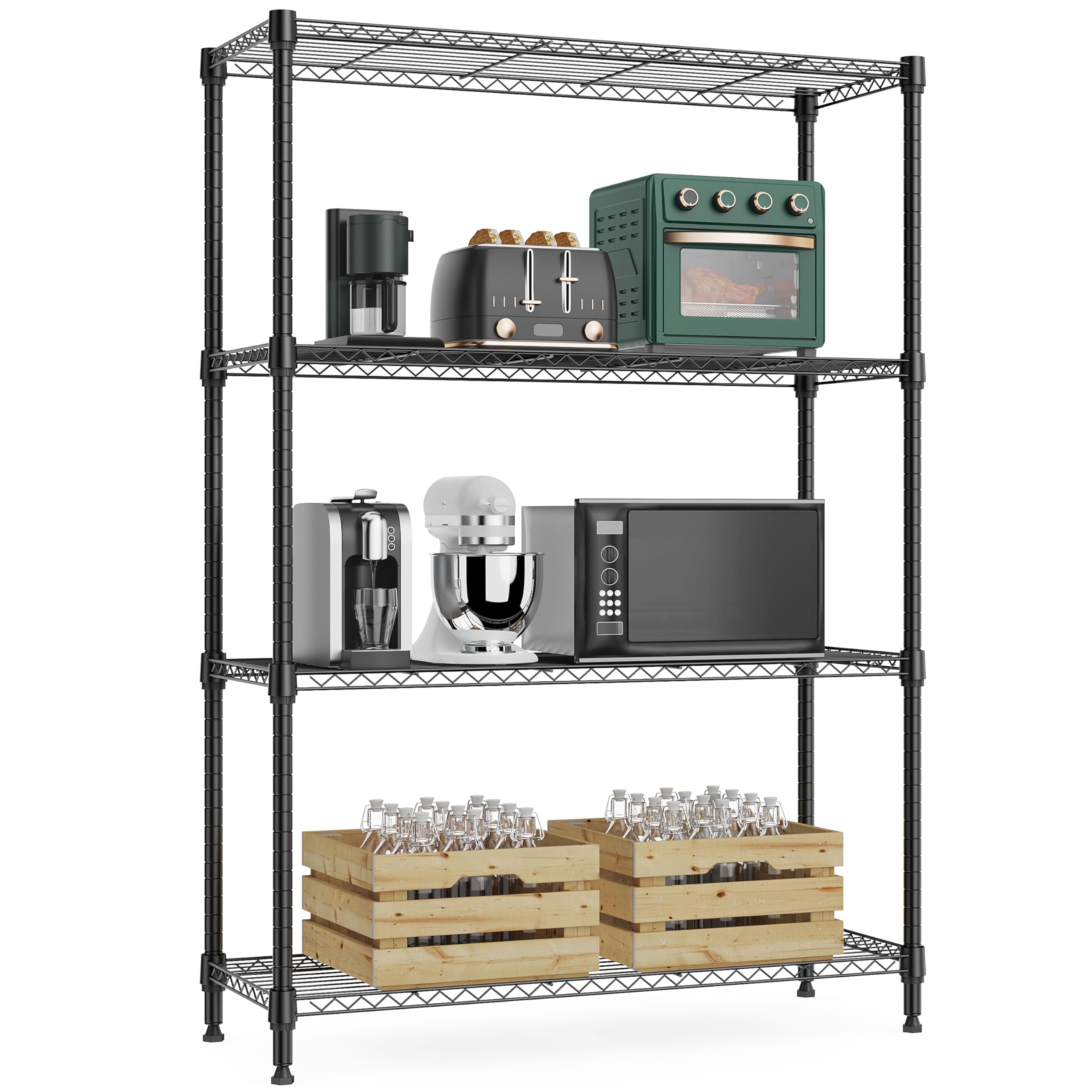 M MZG 4Tier shelf with wheels demonstrates flexible garage storage and mobility.