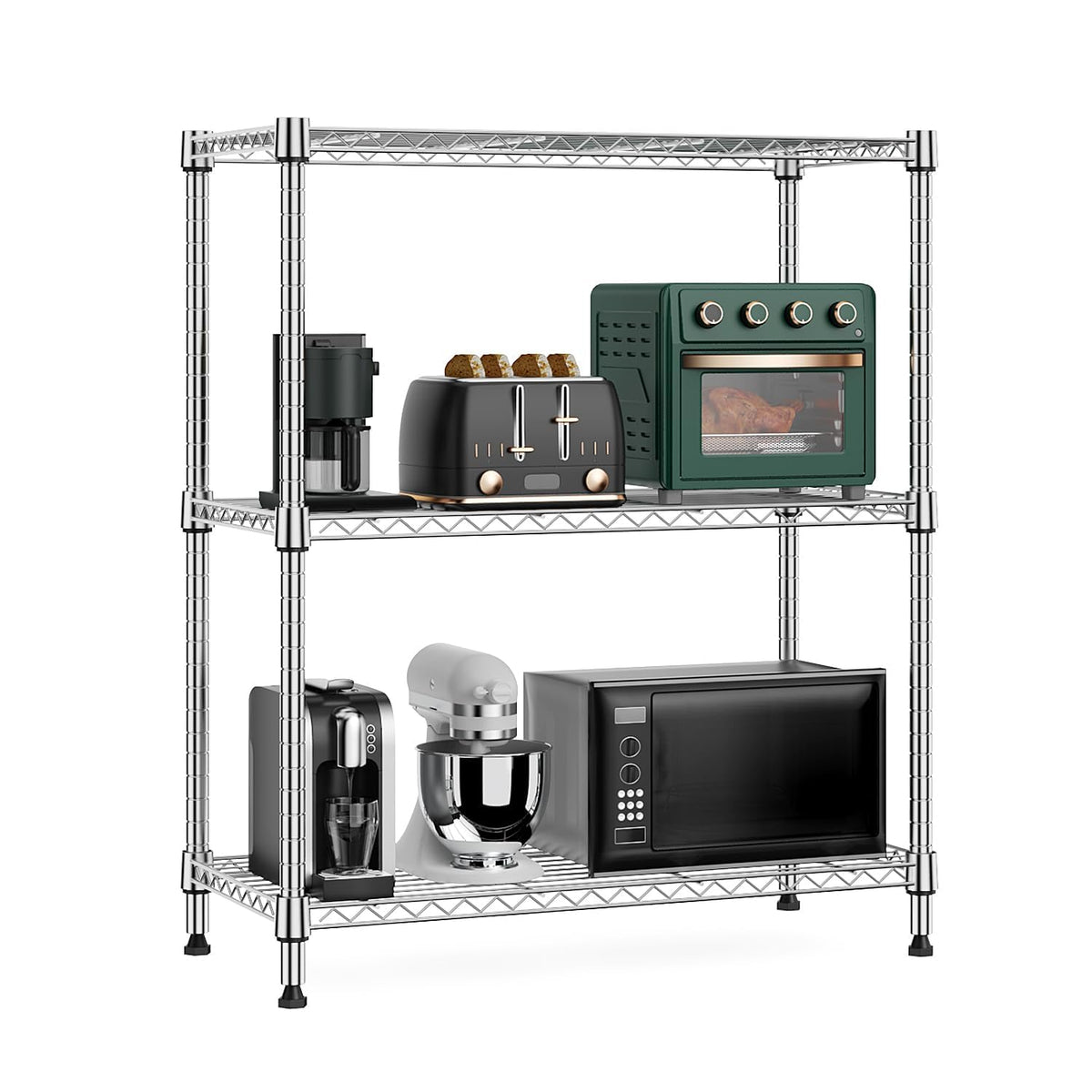 mmzg 3-tier chrome storage rack highlights heavy-duty 750 lb capacity for garage use.