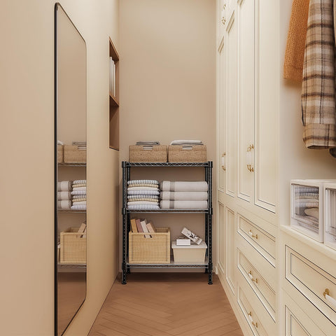 M MZG 3-tier storage rack front view highlighting vertical space efficiency in small rooms