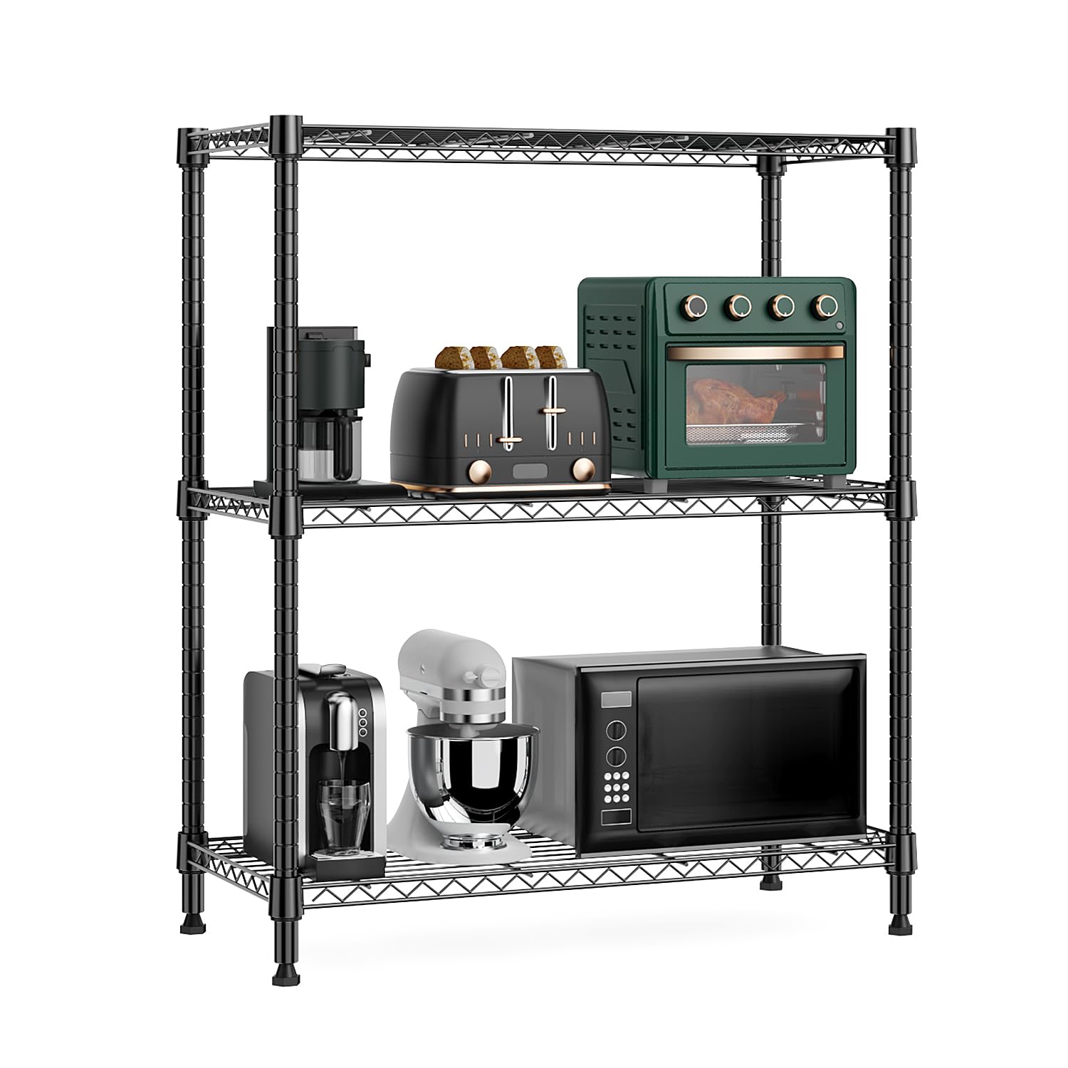 M MZG 3-tier storage rack side view showing sturdy wire shelves for garage organization
