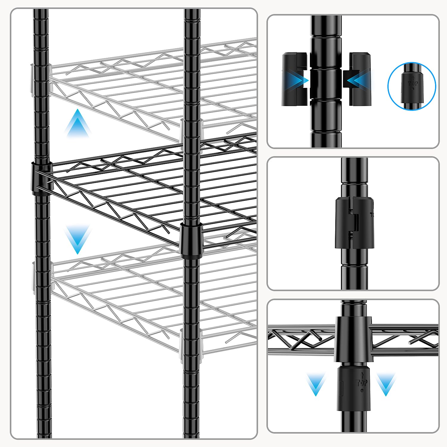 M MZG adjustable height shelves illustrate customizable storage heights for varied items.